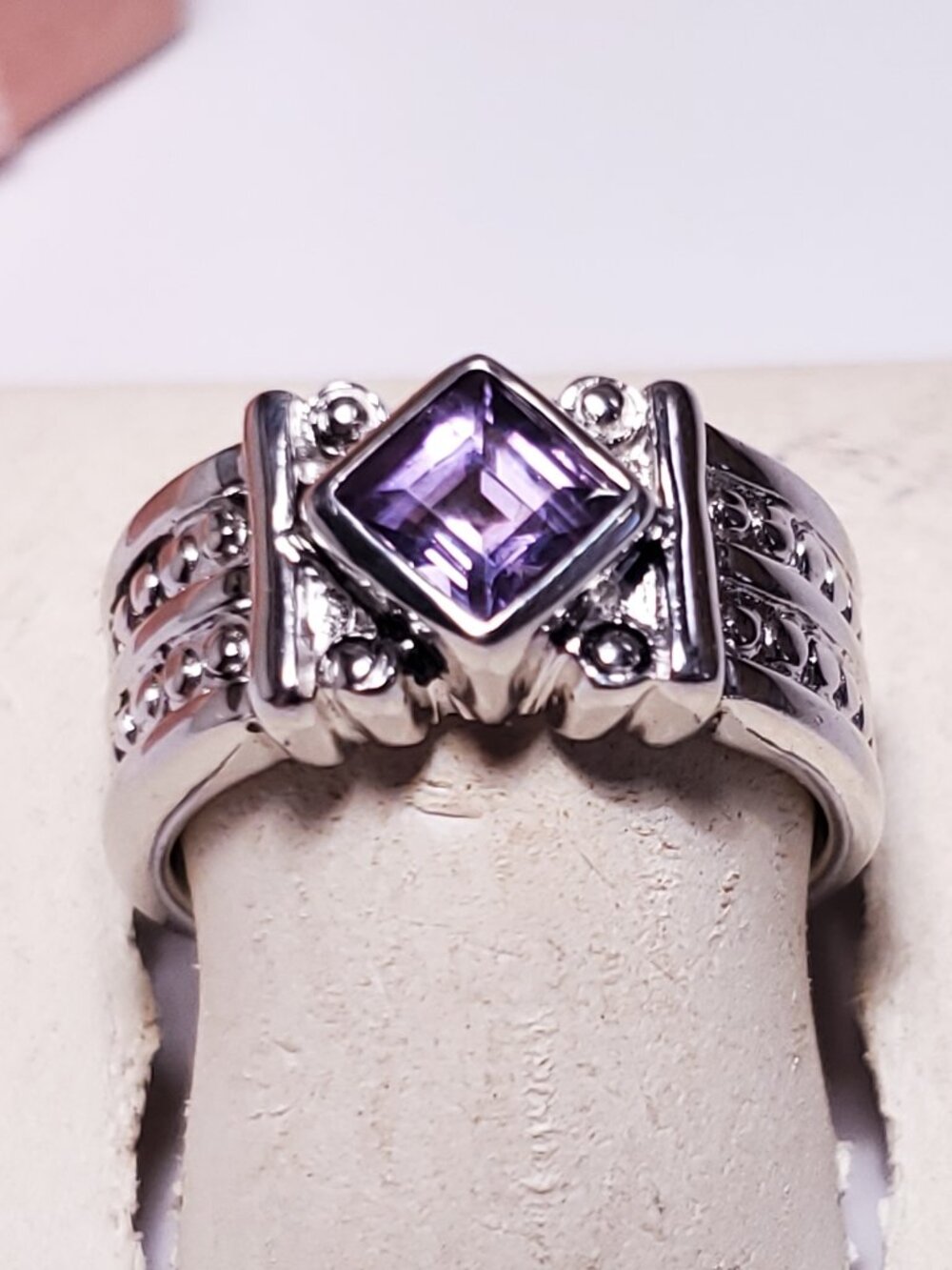 Estate 1ct Princess Amethyst Bezel angled set Sterling Silver 8mm Band Ring25015